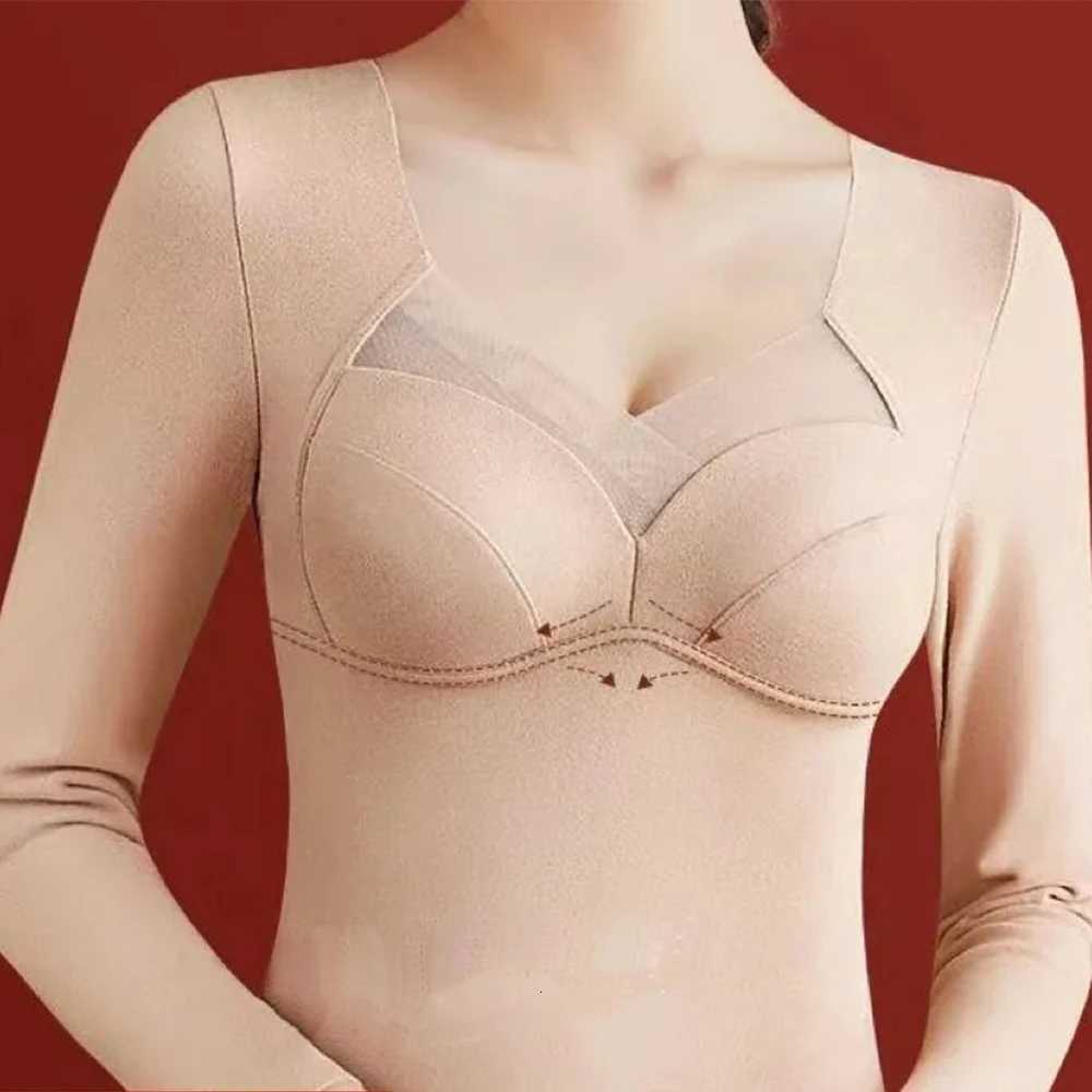 Women Thermal Underwear Plus Size Fixed Cup Autumn Winter Stretchy Longsleeved Vneck Padded Tshirt Thick Top Female Lingerie T251018