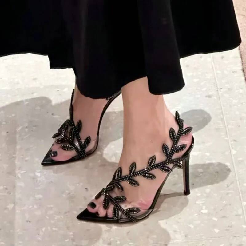 2025 New Temperament Fashion High Heels Pointy Rhinester Leaf Stiletto Sandals Dinner Party Shoes ddmymonkey