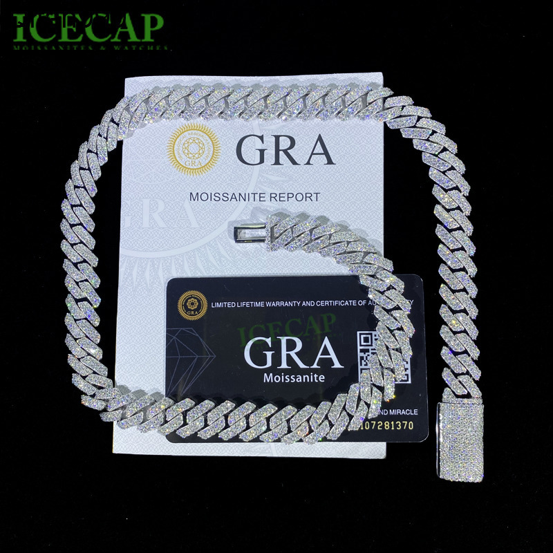 moissanite chain Icecap VVS Moissanite Diamond Cuban Chain 925 Sterling Silver White Gold Plated Hip Hop Necklace 12mm Cuban Link Chain for Men