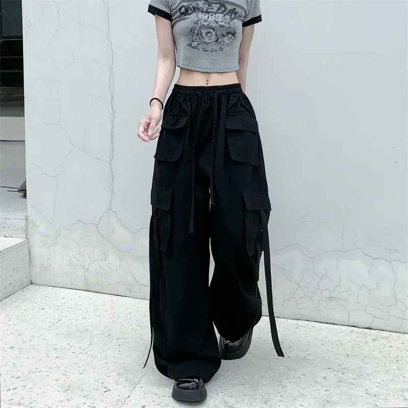 High Quality Cotton Street Cargo Pants for Women Men with Ribbon Waist Wide Leg Hiphop Cool Dances Ladies 251017