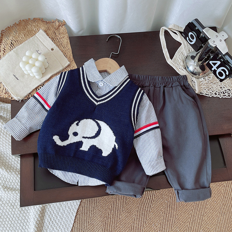 Boys' Spring and Autumn Set 2025 New Baby Autumn Dress Western Elephant Sweater 3-Piece Set Baby Boys' Trendy free shipping