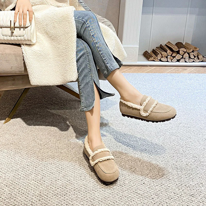 Faux Suede Flats Women Lambswool Loafers Winter Warm Cotton Shoes Ladies Platform Fleeces Mocasines Female Sheep Fur Boots 251013