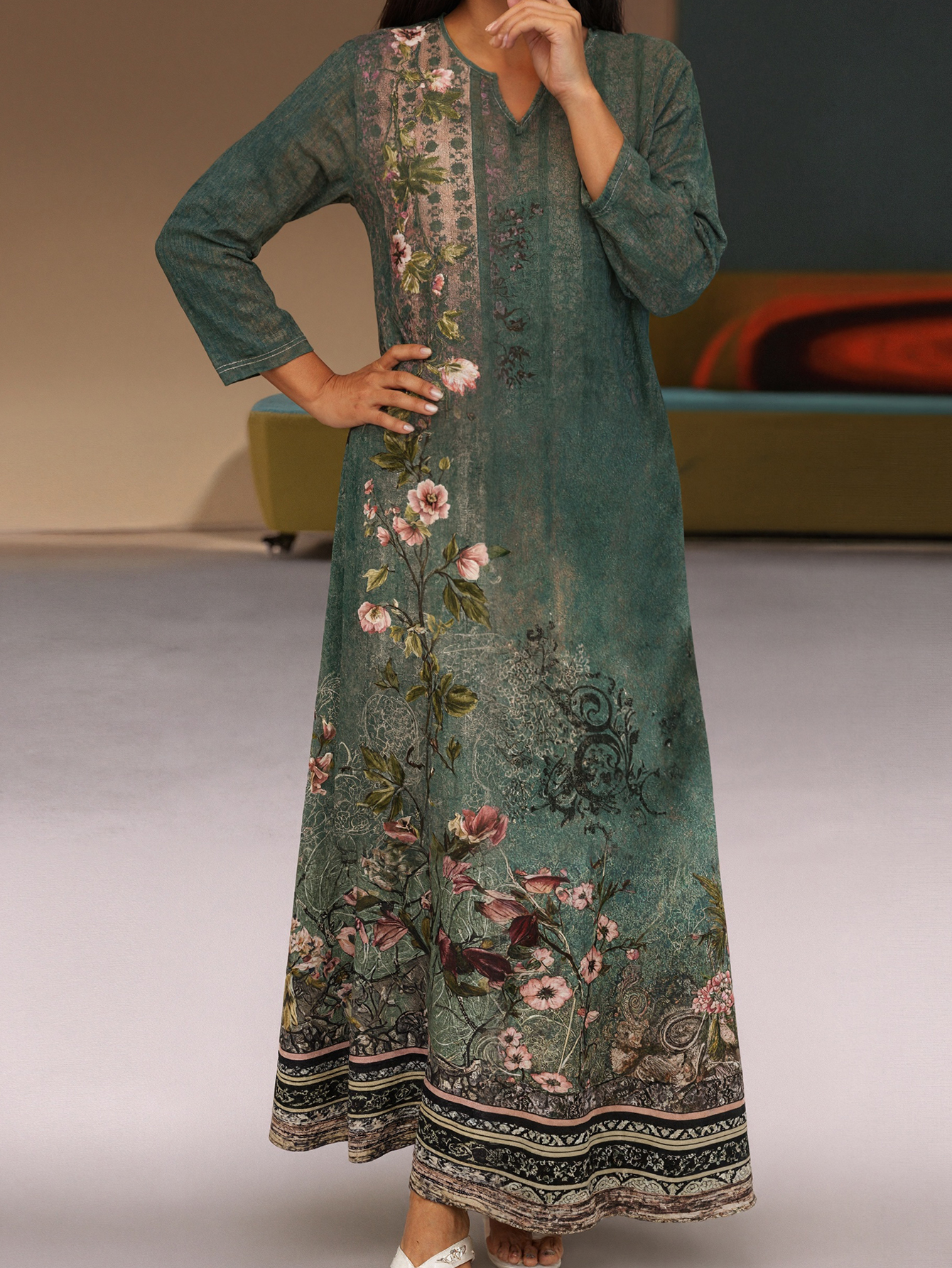 Women's Autumn Winter Retro Floral Print Midi Dress - Plus Size Daily Casual Elegant Green Dress (1XL-5XL)-YL25439