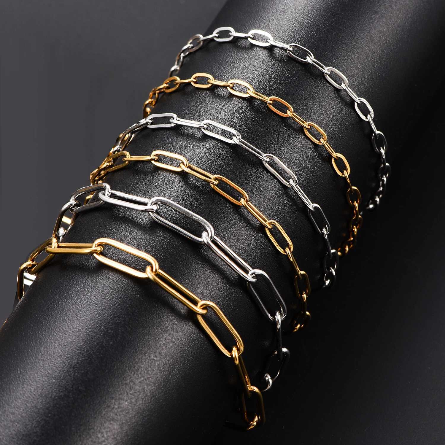 25274mm Width Paperclip Link bracelet Stainless Steel Gold Color Long Chain Punk For Women Men Jewelry GiftL251018 H260202