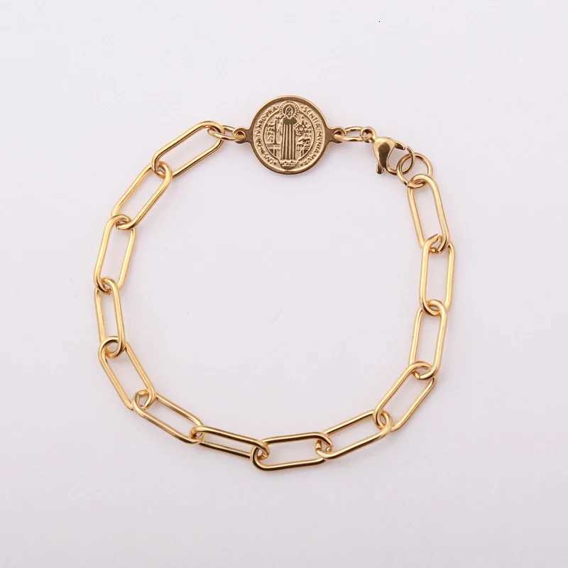Stainless Steel Saint Benedict Medallion Bracelet For Women Gold Color Metal Religion St Benedict Medalla Coin Pendant BraceletL251018