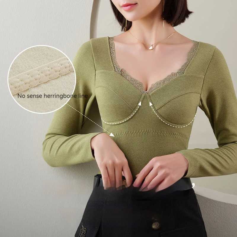 Autumn Winter Sexy Lace Large Cup One Piece Warm Coat Long Sleeve Bottom Top for Women Wearless Bra And Warm Top T251018