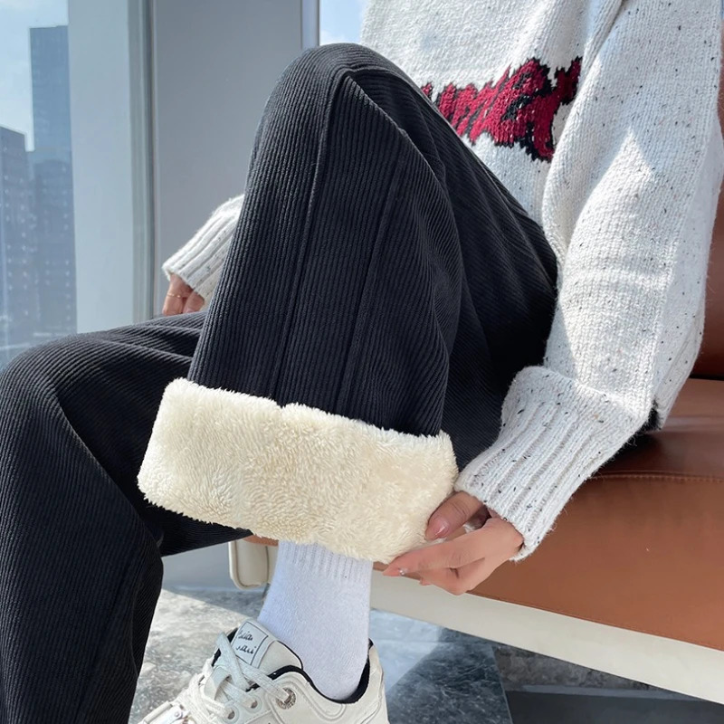 High Waist Warm Trousers Fashion Winter Fleece Thickened Womens Pants Solid Color Loose Elastic Straight Casual 251017