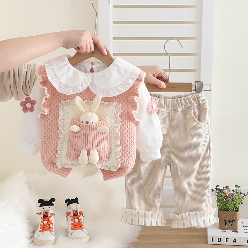 Girls' Spring Set 2025 New Fashionable Baby Pants Spring and Autumn Children's Little Rabbit Sweater 3-Piece Set