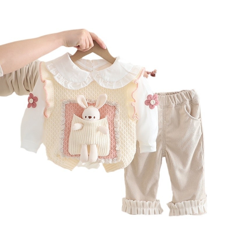 Girls' Spring Set 2025 New Fashionable Baby Pants Spring and Autumn Children's Little Rabbit Sweater 3-Piece Set