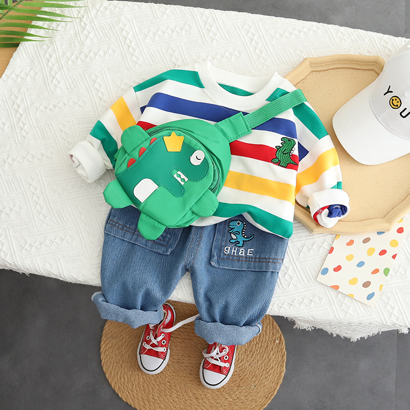 Children's male and female baby 2025 autumn clothing boys' set striped round neck jeans two-piece set with bag