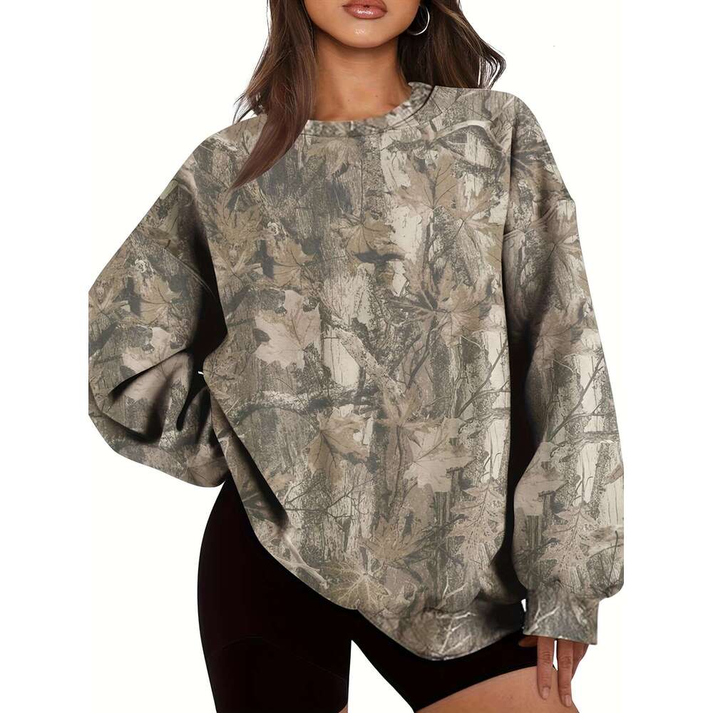 Women's Oversized Camo Sweatshirt - Long Sleeve, Loose Fit, Green & Black Leaf Pattern, Pullover With Ribbed Cuffs, All-Season Comfort, Casual We