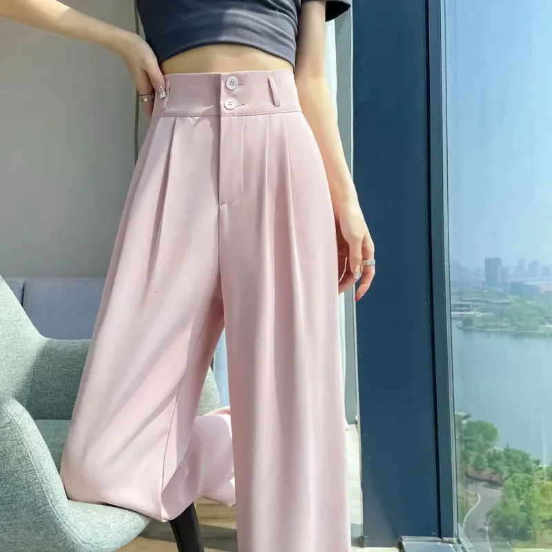 Spring Summer Button High Waist Wide Leg Pants for Women White Straight Loose Full Length Trousers Female 251017
