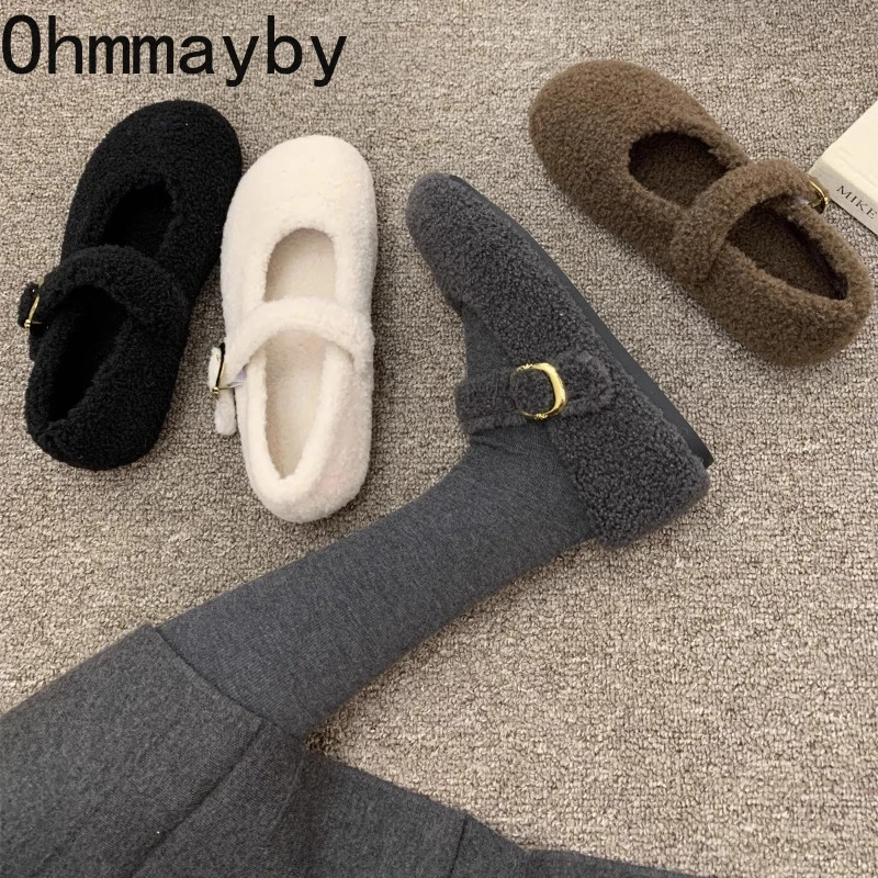 Winter Fur Women Mary Jane Shoes Concise Keep Warm Outdoor Shoes Ladies Comfort Cotton Flats Shoes 251013