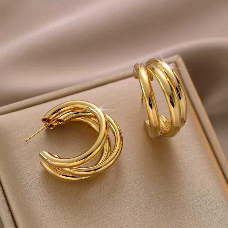 Simple Stainless Steel Cshaped Threelayers Earrings for Women Girls Metal Circle Round Drop Punk Earrings Jewelry Party Gifts Y251018