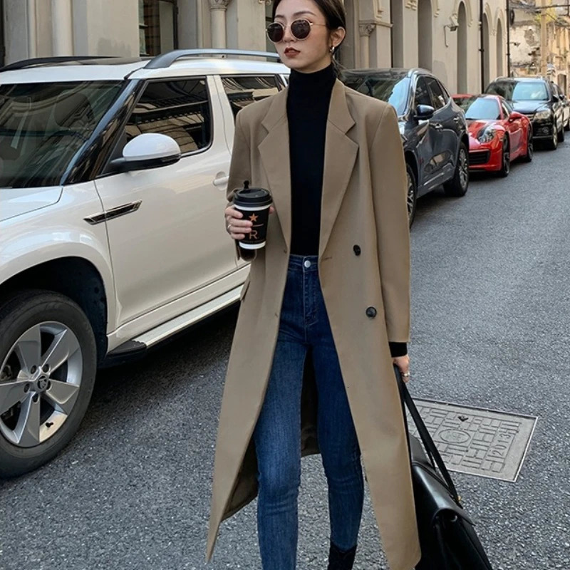 REALEFT Autumn Winter Vintage Khaki Single Breasted Womens Trench Coat 2025 Long Sleeve Casual Loose Korean Long Blazer 251008