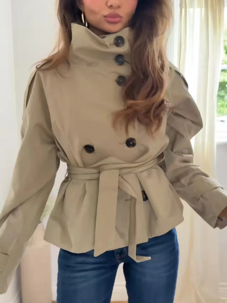Womens Chic Doublebreasted Stand Collar Belted Waist Cropped Trench Coat Shoulder Epaulets Autumn Casual Street Outerwear 251022 - view 6