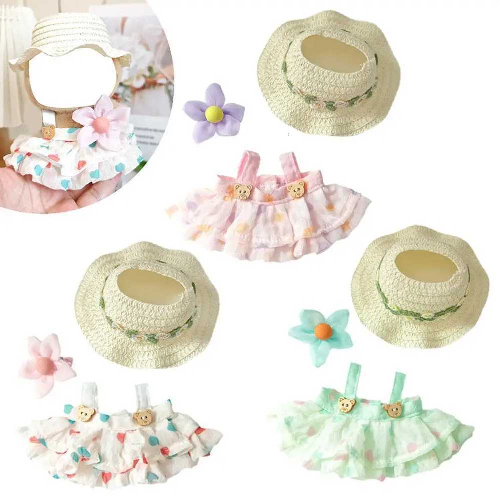 17cm Dolls Clothes For Labubu Summer Straw Hat Flowers Halter Dress Suit Cute Sweet Plush Toy Clothing Accessories For GiftT251018
