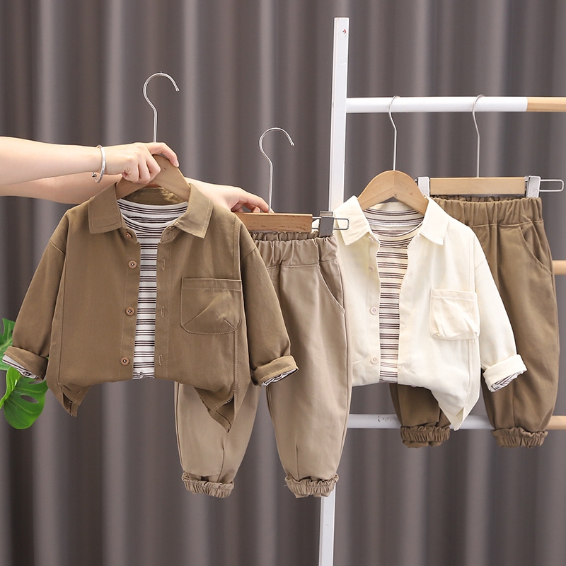 Boys' autumn outfit set 2025 new children's Korean version spring and autumn clothes baby solid color shirt three piece set trendy