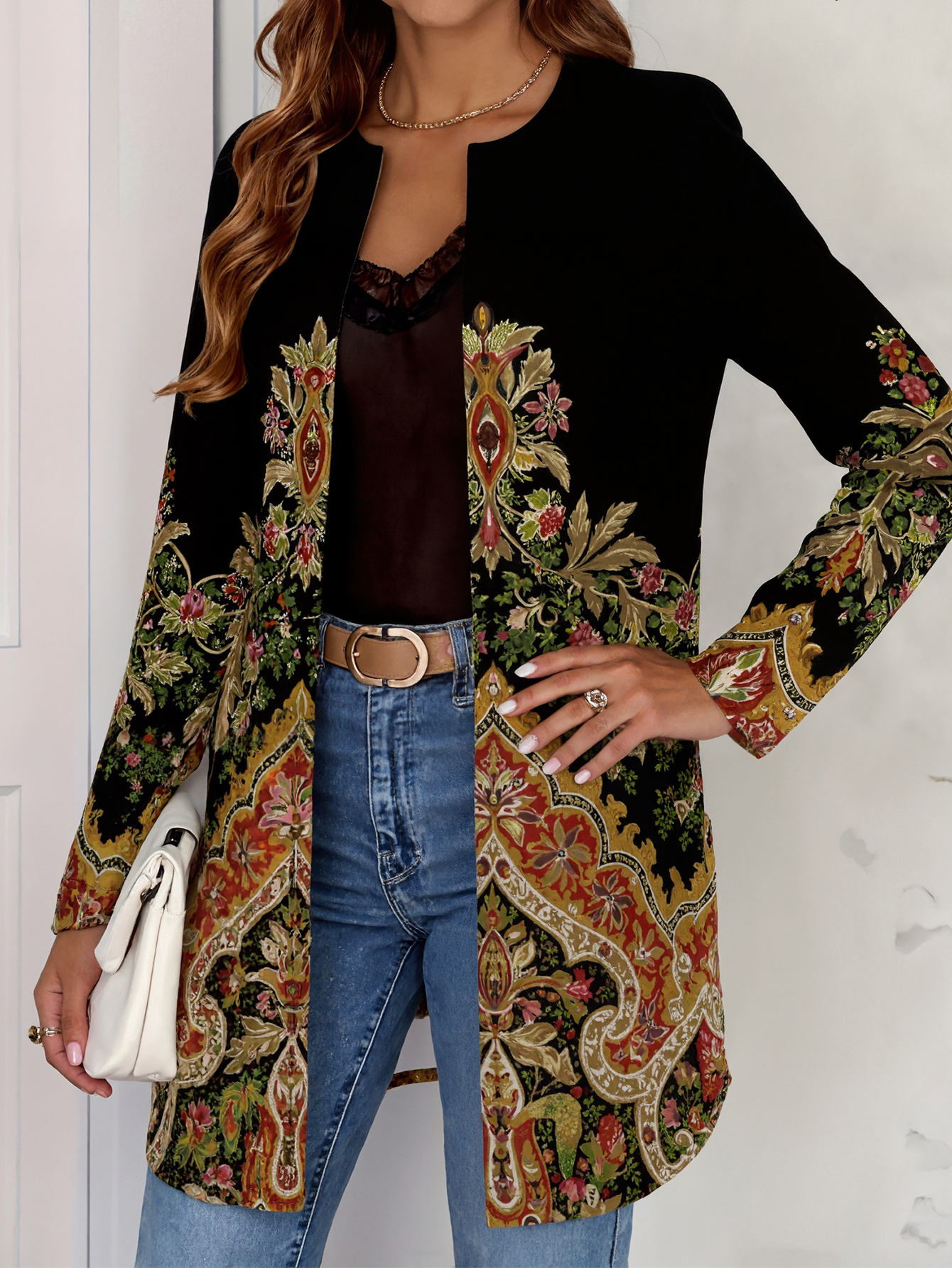 Women's Autumn Winter Ethnic Print Open-Front Cardigan - Versatile Vacation & Office Casual Coat-CF56270
