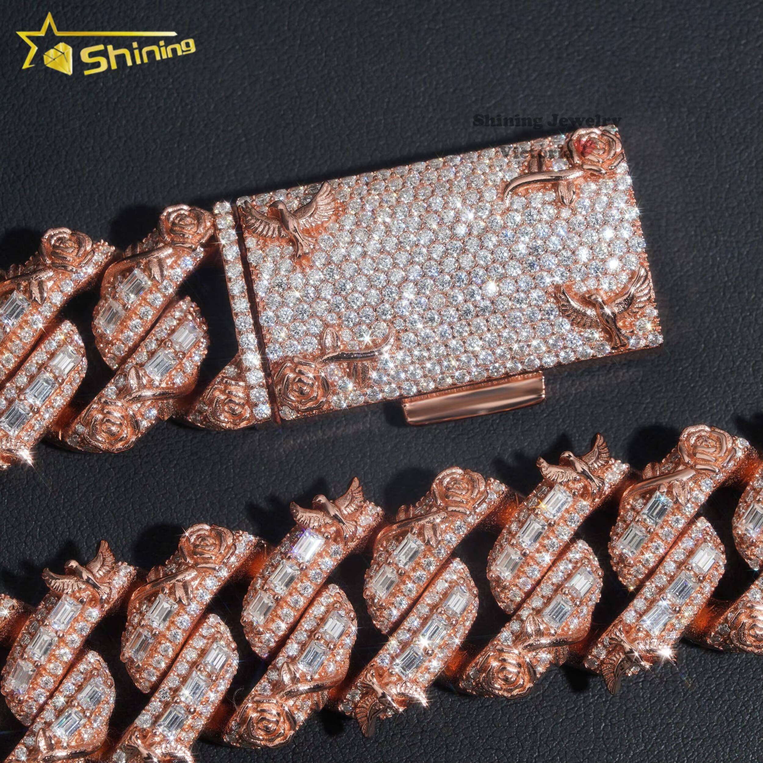 New Design Rapper Jewelry 20mm Rose Gold Bird Cuban Chain Sterling Silver Hip Hop Miami Vvs baguette Moissanite Cuban Link Chain