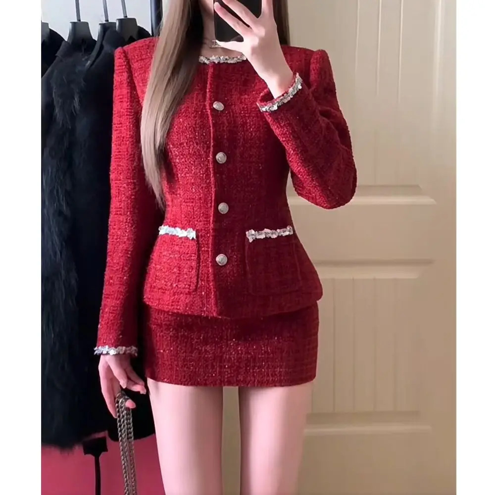 Two Piece Set Women Red Tweed Suit Set with Blazer and Skirt Lace Detail and Buttons Chic Fashion Set for Casual Formal Events 251008