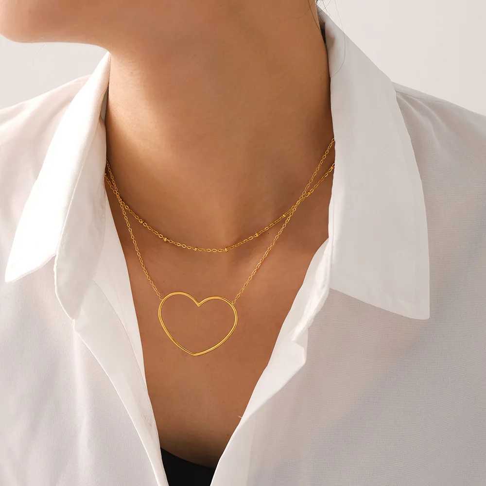 Women Simple Big Heart Love Pendant Choker Necklace Gold Plated 2 Strings Punk Clavicle Chain Jewelry Gift WholesaleXJ251018
