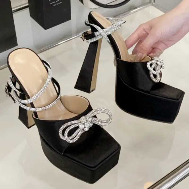 Luxury Rhinestone Bow Women Sandals Satin Square Toe Open Toe Super High Heel Sandal Summer Fashion Party Belt Buckle Dress Shoe Z251015