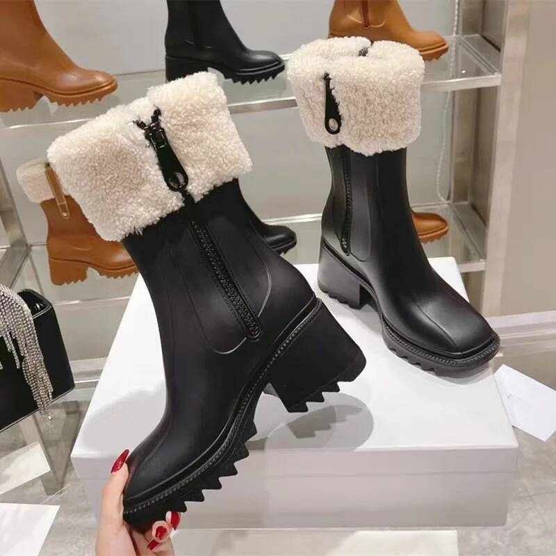 Ankle Women PVC Rain Chunky Heel Height Increasing Short Thick Sole Motorcycle Boots For Size 36-43 ddmymonkey