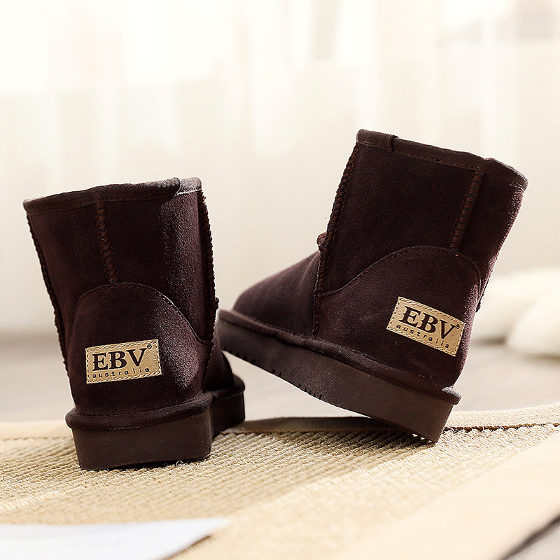 EBV designer shoes hot Cowhide and plush thick snow boots women's fur integrated versatile cotton shoes black coffee khaki grey brown