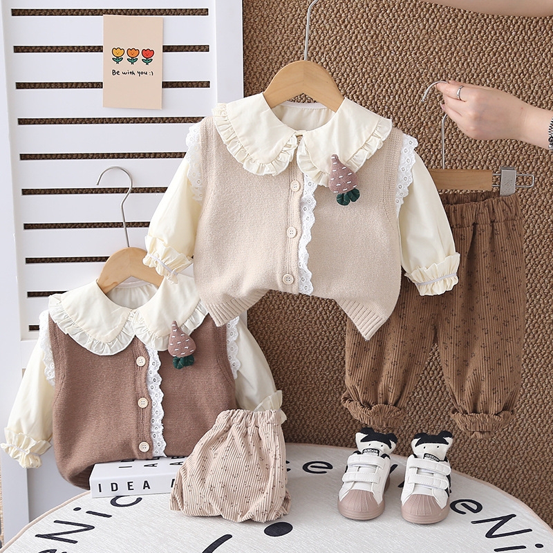 Girls' Autumn Set 2025 New Fashionable Baby Lace Sweater Vest Children's Casual Spring and Autumn Three Piece Set free shipping designer
