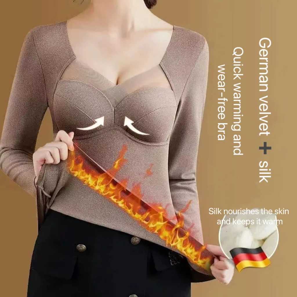 Women Thermal Underwear Autumn Winter Female Lingerie Stretchy Longsleeved Vneck Padded Tshirt Plus Size Fixed Cup Warmer Tops T251018