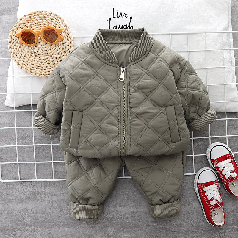 Boys' Plush Set Winter Thickened 2025 Winter Edition Children's Baby Checkered Zipper Cotton Jacket Two Piece Set Autumn Winter free shippin