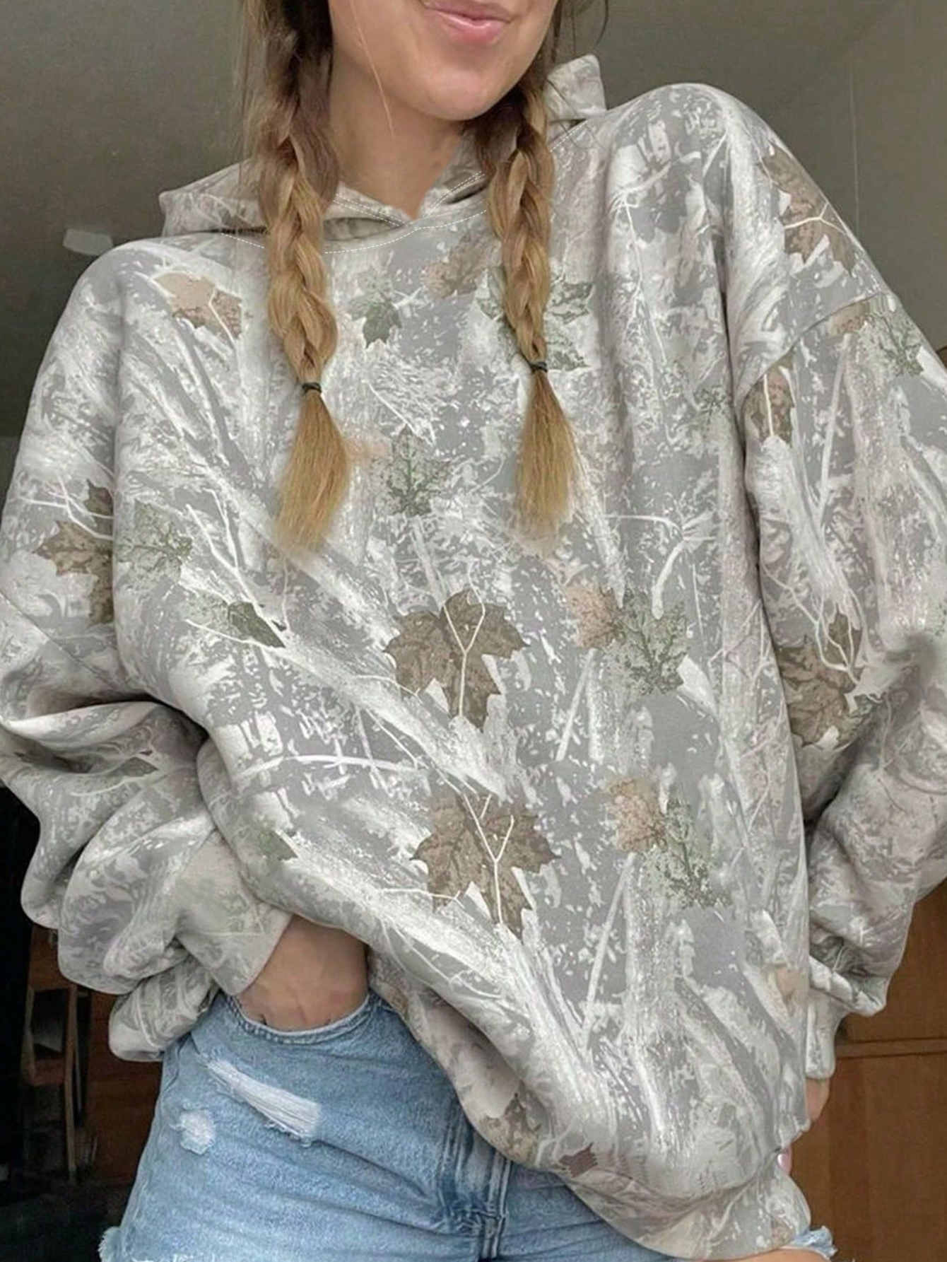 Women's Autumn Winter Leaf Print Hoodie - Casual Fashion Versatile Pullover Sweatshirt-CF55210