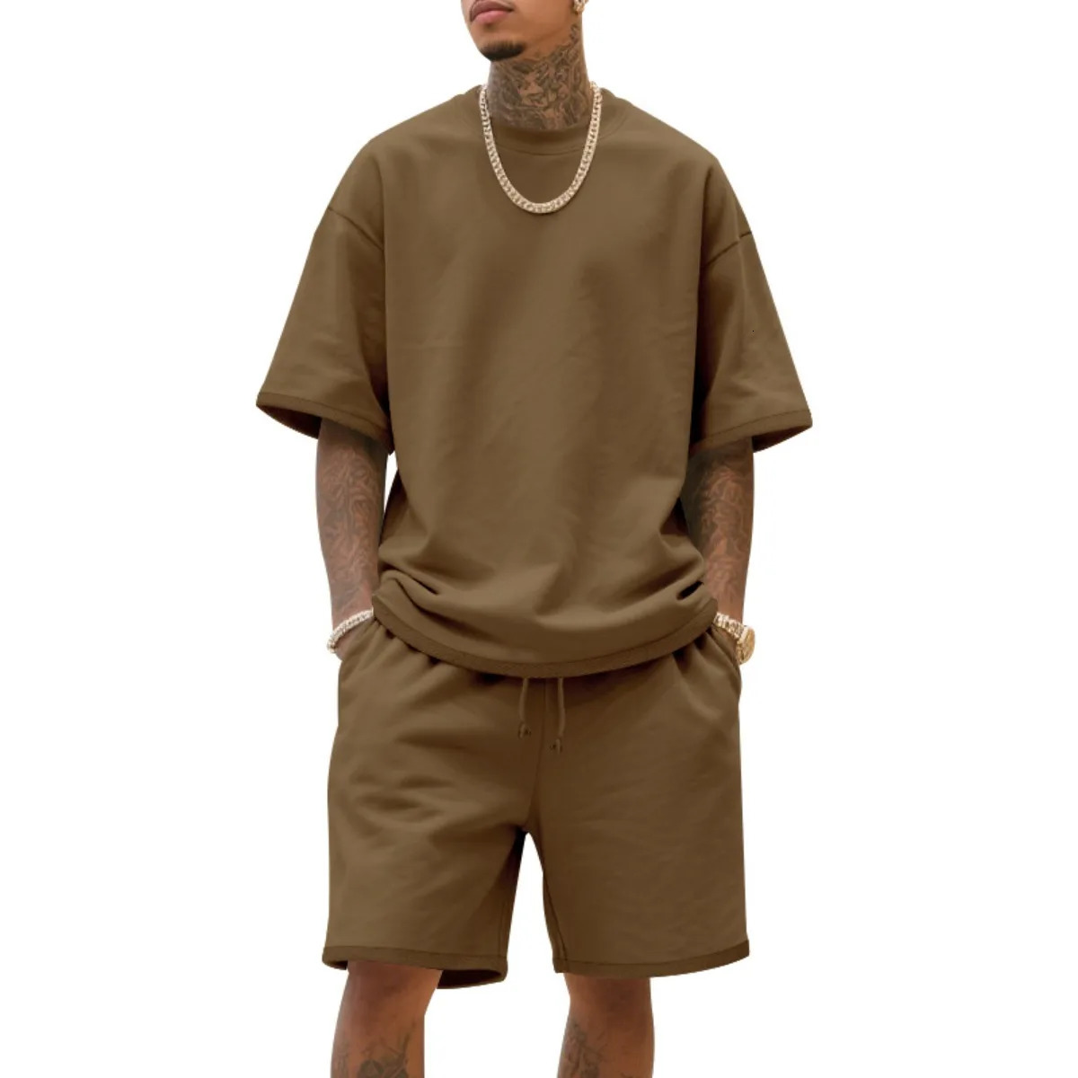 2025 100 Cotton Mens Summer AmericanStyle Loose High Street HipHop Sport ShortSleeved Set with Shorts 251010