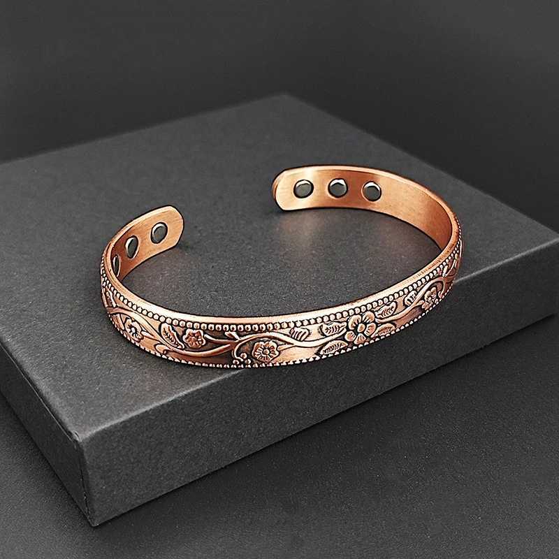 Magnetic Pure Copper Bracelet for Women Vintage Flower Energy Cuff Bangle Adjustable Jewelry Gift H260511 - view 3
