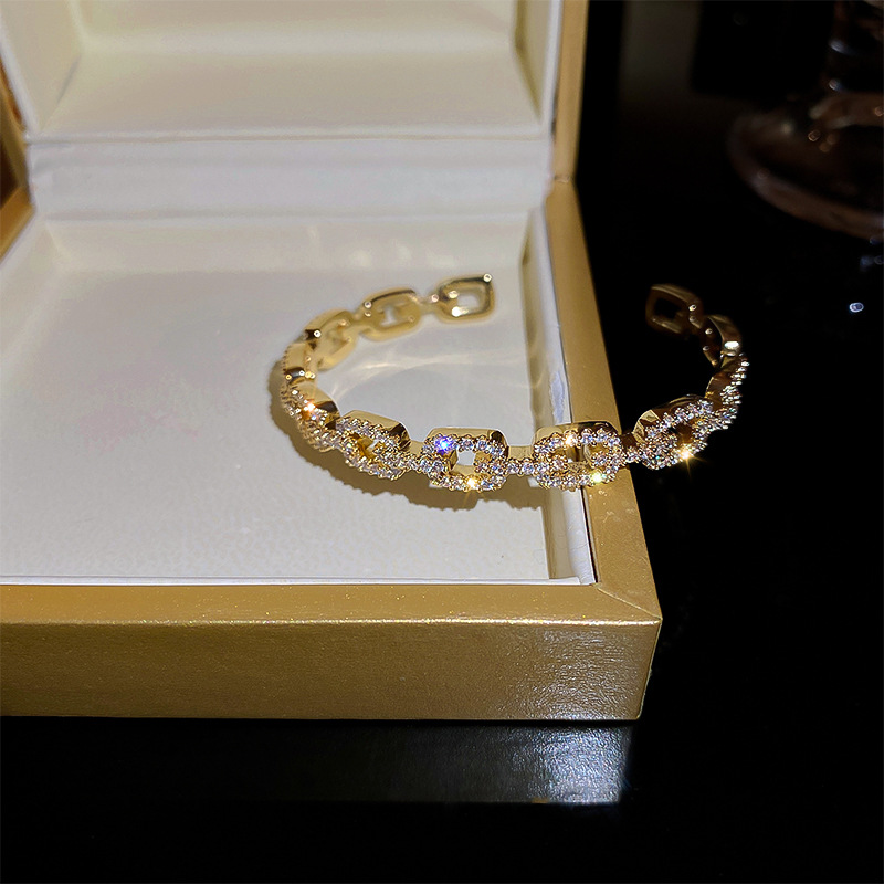 Super Shiny Open Cuff Bracelet Real Gold Plated with Zirconia, Waterproof & Elegant Jewelry for Daily Wear - view 7