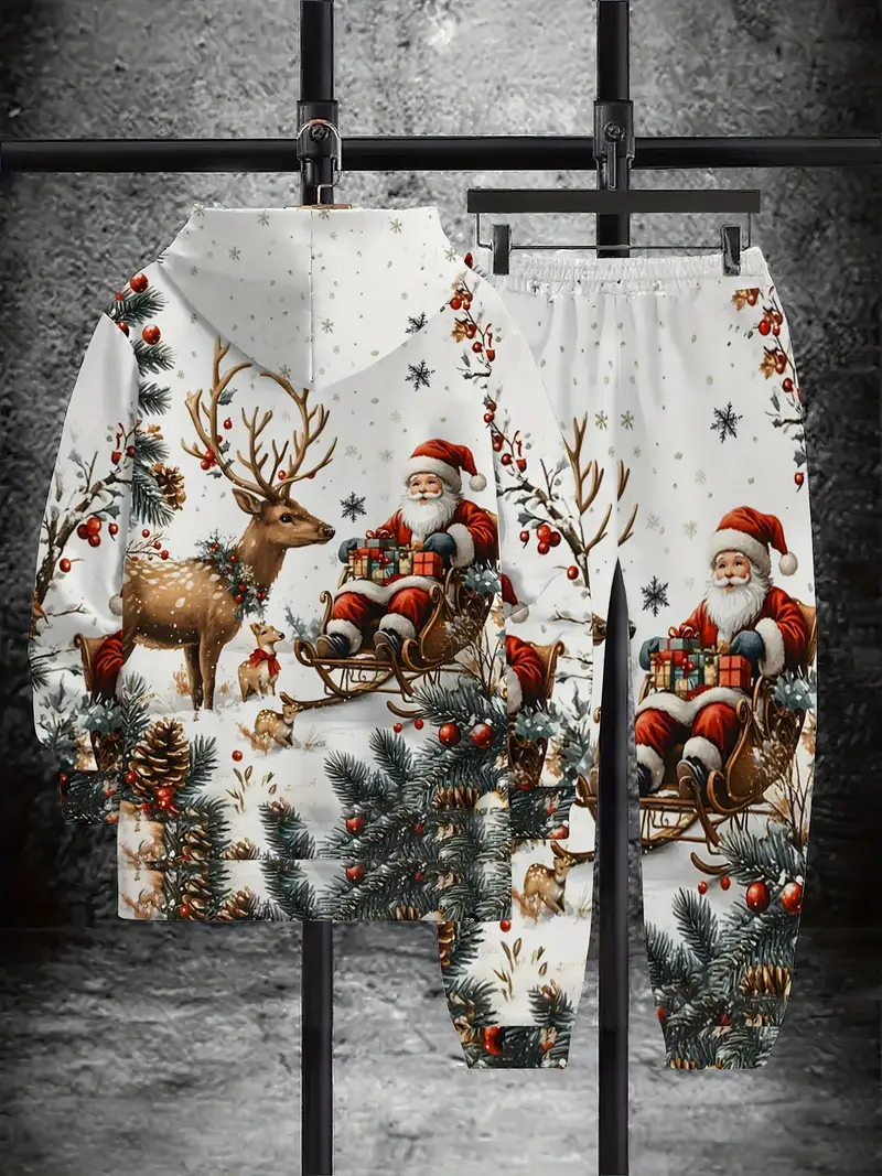Men's Christmas Santa & Reindeer Graphic Hoodie Set - 2 Piece Casual Streetwear Outfit2-3-Christmas Edition