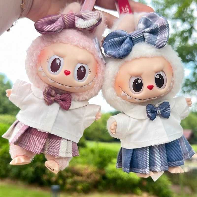 For 17cm Labubus Mini Doll clothes Bow headband shirt JK plaid skirt set Labubu girl clothing Outfit shoes camera accessorieT251018
