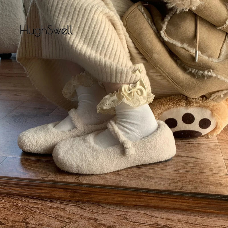 Fashion Round Toe Wool Ballet Flats Woman Concise Warm Plush Loafers Ladies Fluffy Mary Jane Shoes In Red Grey 251013