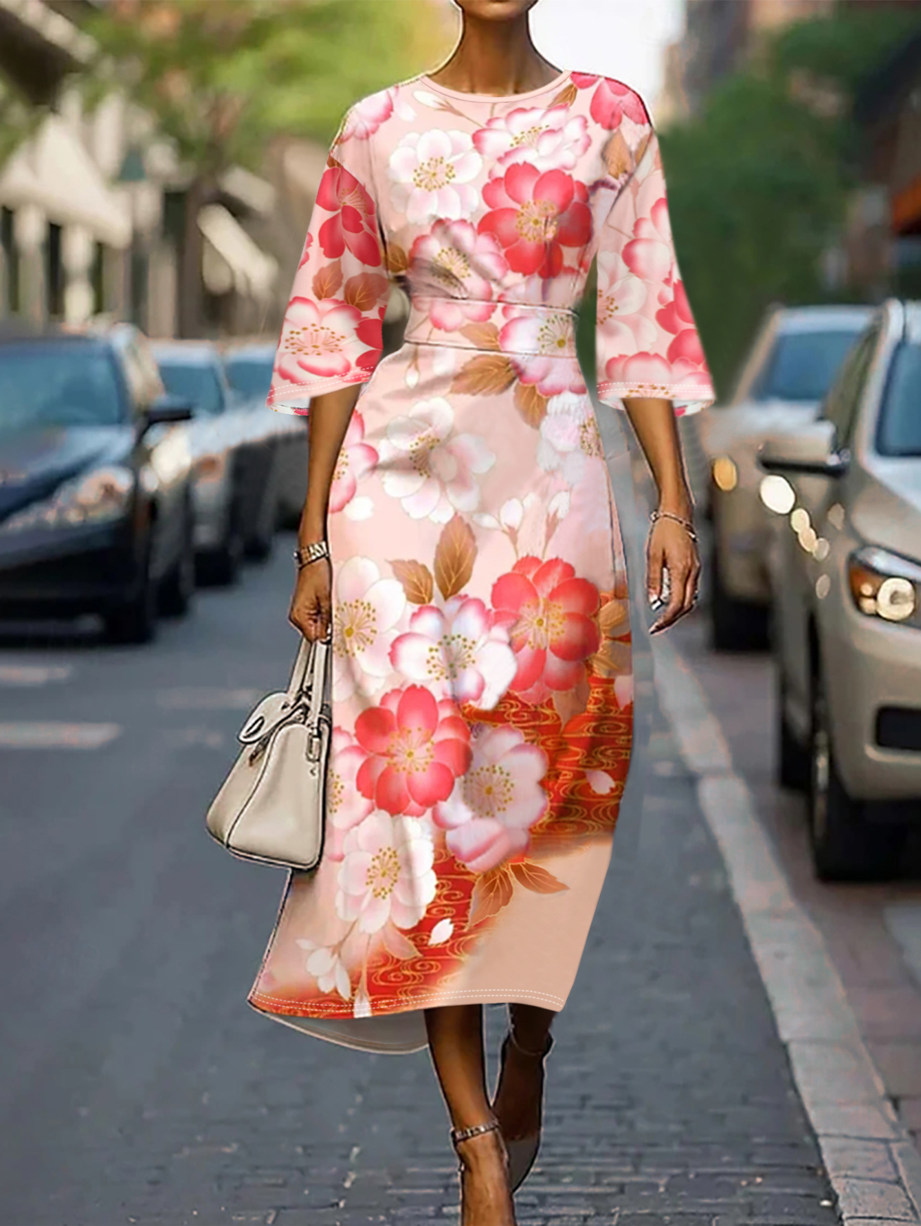 Women's Autumn Winter Floral Print Midi Dress - Elegant Vacation Casual Long Dress-CF50886