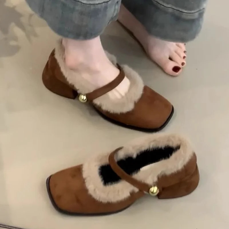 Furry Womens Mary Janes Shoes High Heels Square Toe Plush Snow Boots Winter Warm Cotton Shoes Elegant Pumps Mujer Zapatos 251013