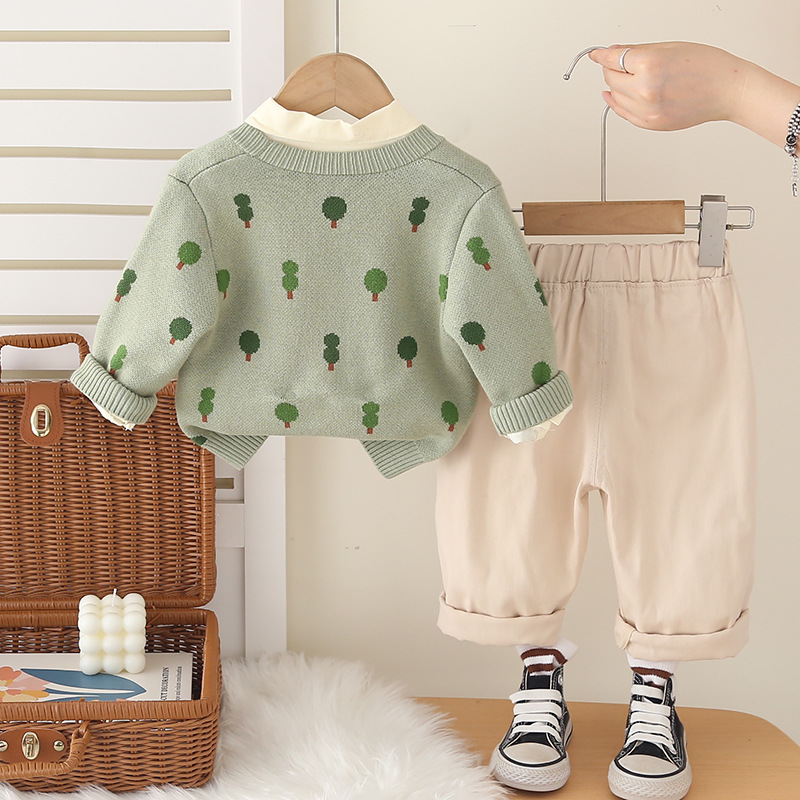 Boys' Spring and Autumn Set, Elegant 2025 New Style, Children's Leisure Autumn Set, Baby Full Body Small Tree Cardigan Three Piece Set free 