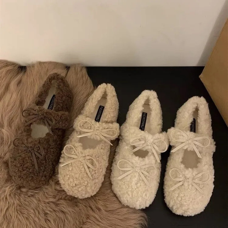 Warm Mary Jane Shoes for Women Hook Loop Flat Low Heels Round Toe Shoes Women Solid Fur Plush Butterfly Knot Casual Shoes 251013