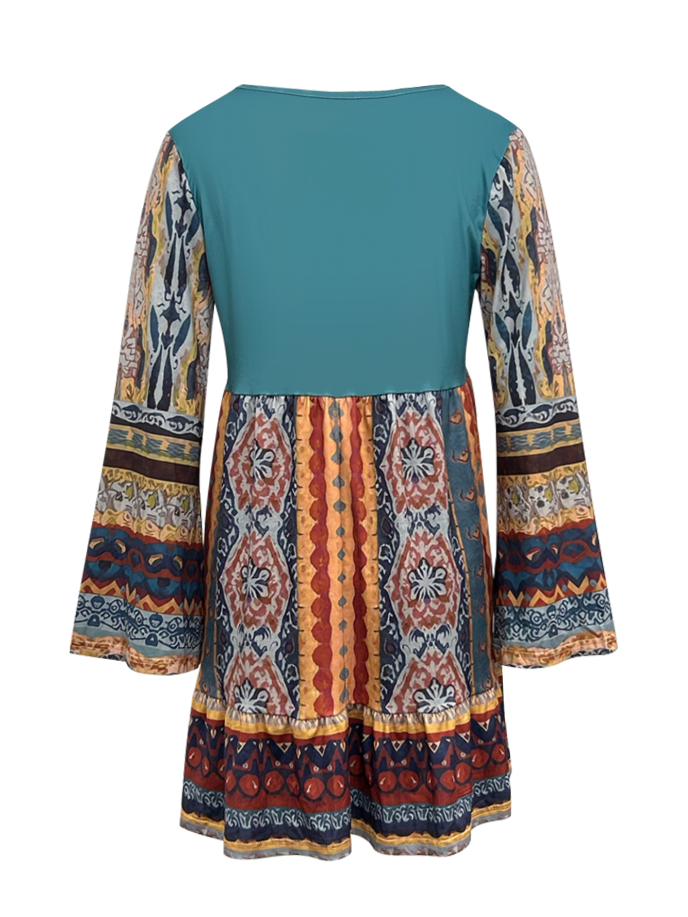 Women's Autumn Winter Retro Western Boho Dress - Flare Sleeve V-Neck Casual Fashion Dress-CF51156