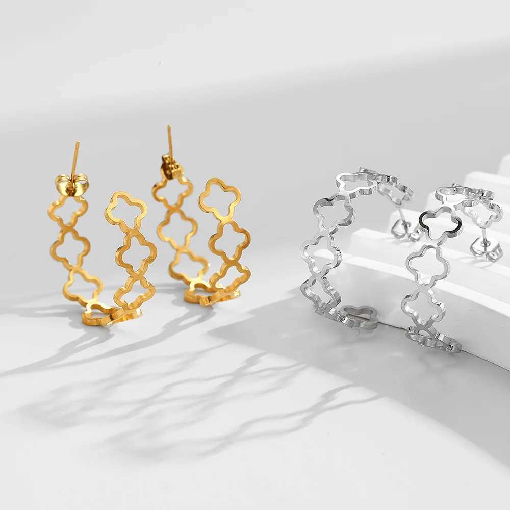 DGIDDK Stainless Steel Geometric CShaped Earrings Ladies Hollowed Out Lucky FourLeaf Clover Earrings Suitable For Daily Wear Y251018