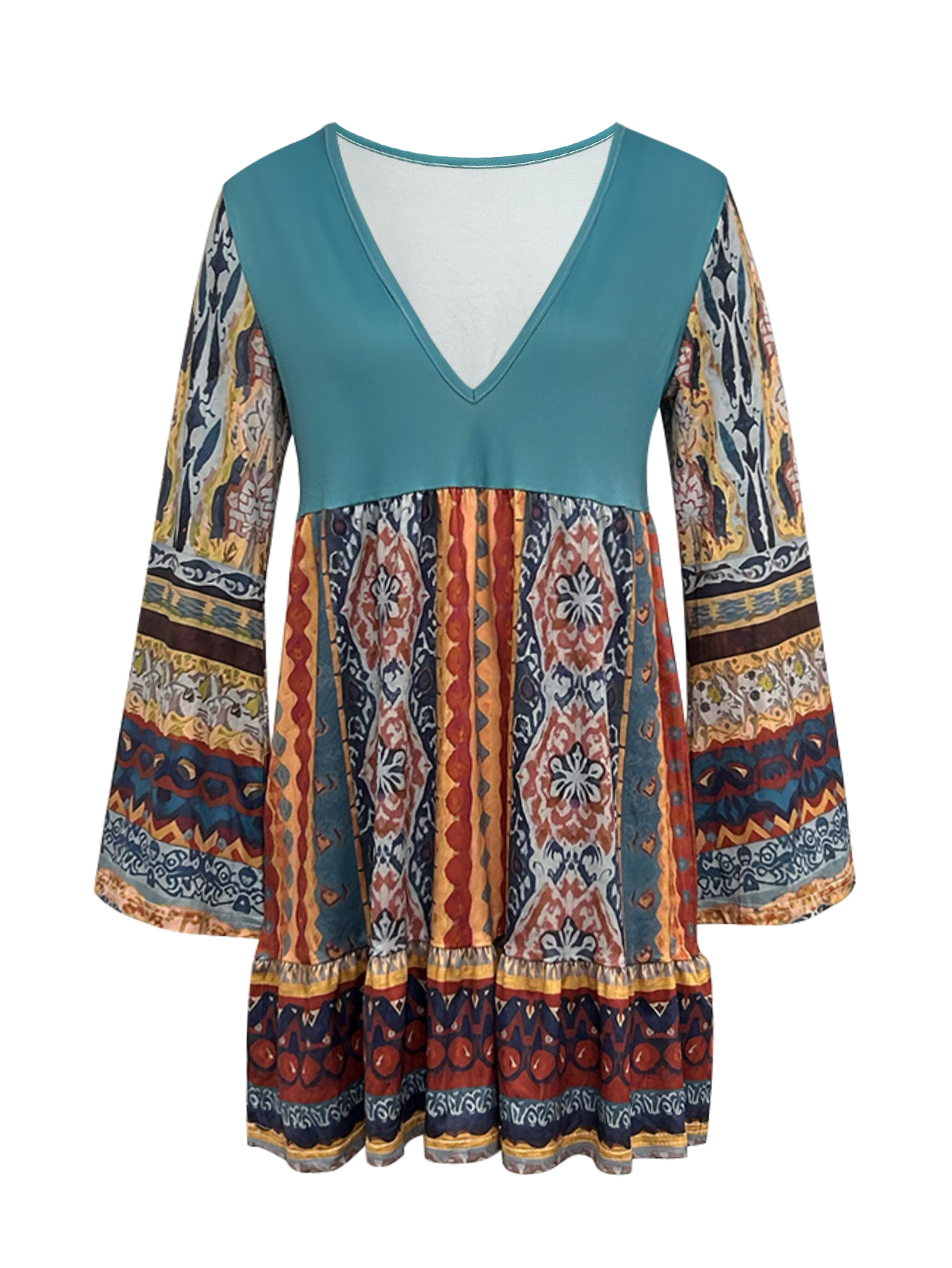 Women's Autumn Winter Retro Western Boho Dress - Flare Sleeve V-Neck Casual Fashion Dress-CF51156