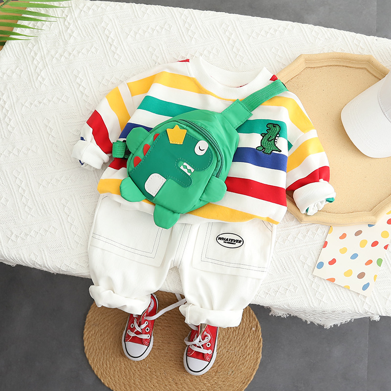 Children's male and female baby 2025 autumn clothing boys' set striped round neck jeans two-piece set with bag