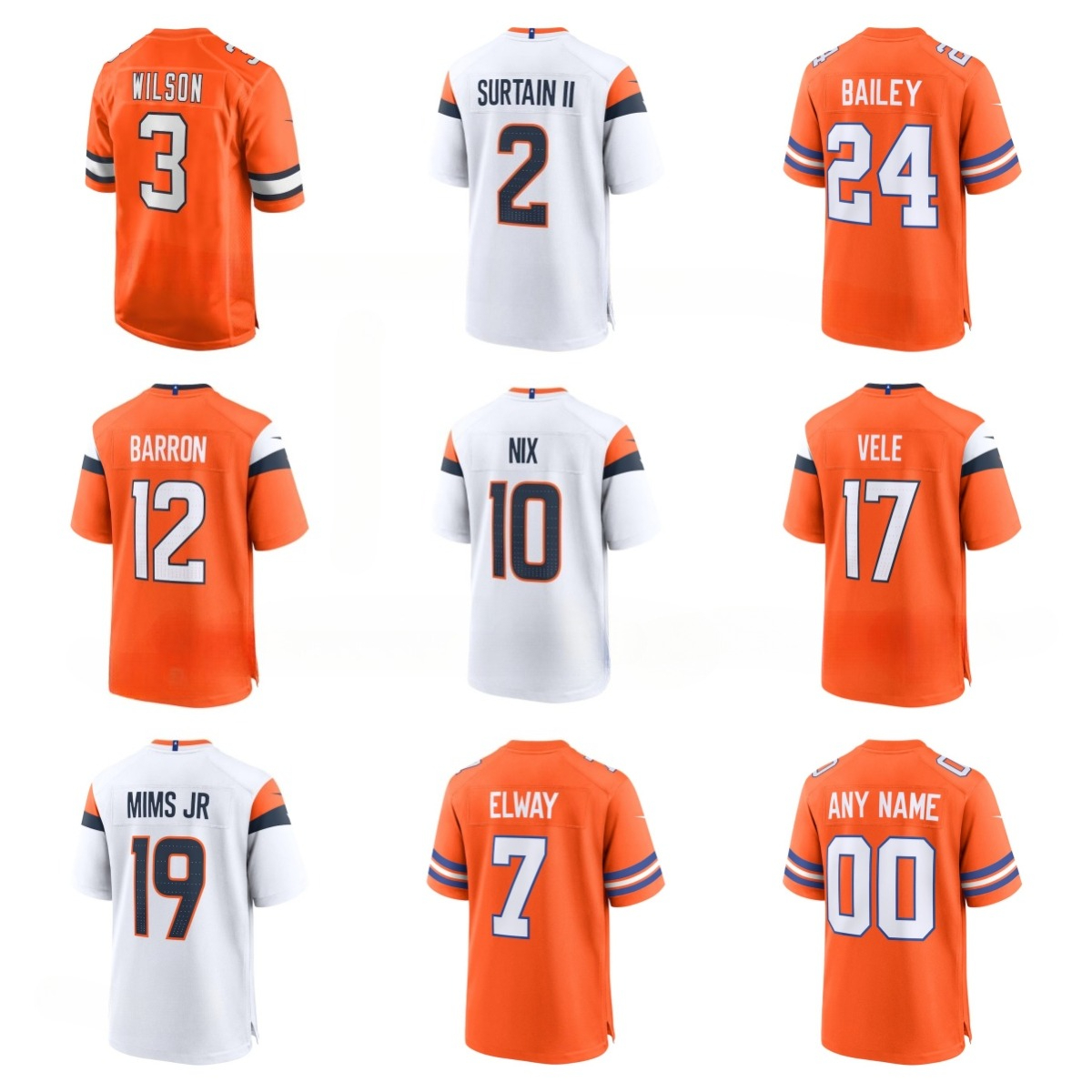 NFL Broncos Bo Nix Patrick Surtain II John Elway Terrell Davis Champ Bailey Jahdae Barron Peyton Manning Marvin Mims Jr Courtland Sutton Custom Football Jersey