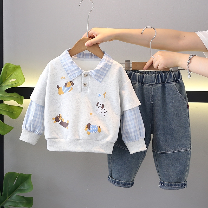 Boys' Autumn Set 2025 New Baby Clothes Children's Spring and Autumn Cute Double Sleeve Dog Hoodie Two Piece Set Trendy free shipping designe