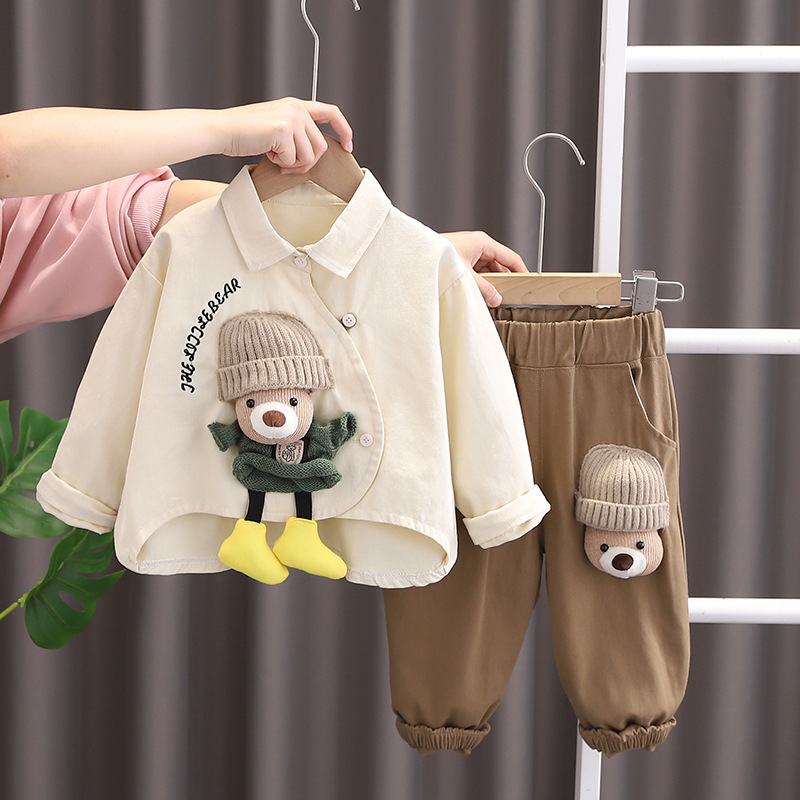 Baby trendy spring outfit set 2025 new children's doll bear shirt two-piece set for boys' spring and autumn long sleeves free shipping